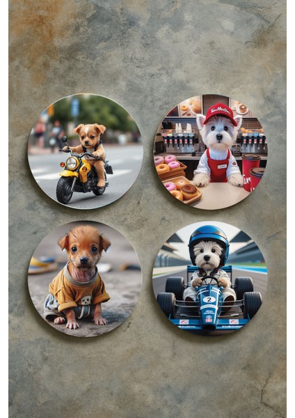 Ev Dekor Oval Pleksi Bardak Altlığı Temalı Desenli 4'lü Set Cix Köpekler