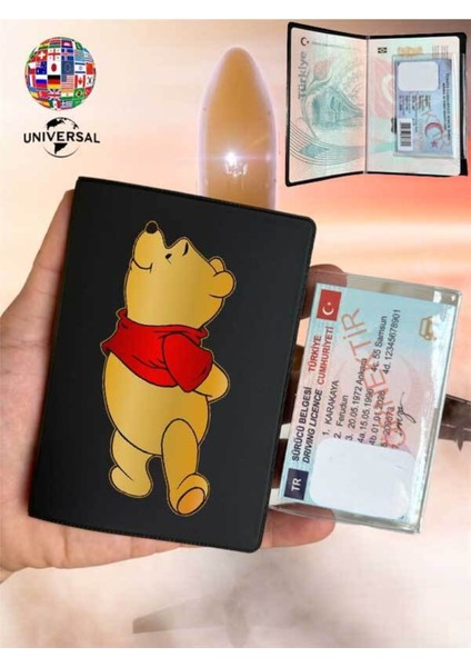 Winnie Desenli Pürüzsüz Yüzey Deri Pasaport Kılıfı Kabı Tüm Ülke Pasaportlarına Uygun
