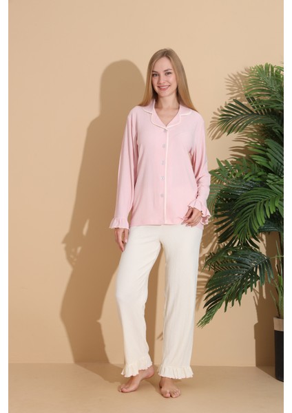 Bürümcük Kumaş Önden Düğmeli Uzun Kollu Kadın Pijama Takımı 6004