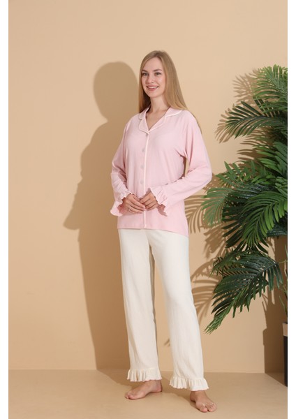 Bürümcük Kumaş Önden Düğmeli Uzun Kollu Kadın Pijama Takımı 6004 fiyatları