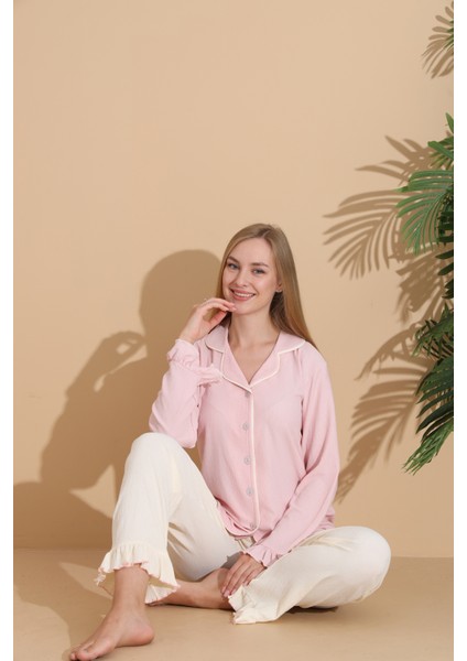 Bürümcük Kumaş Önden Düğmeli Uzun Kollu Kadın Pijama Takımı 6004 modelleri