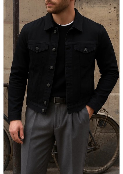Erkek Trend Comfort Günlük Slim Fit Siyah Kot Ceket