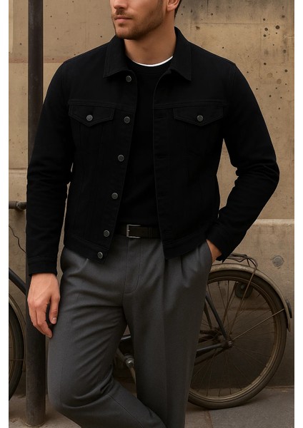 Erkek Trend Comfort Günlük Slim Fit Siyah Kot Ceket fırsatları