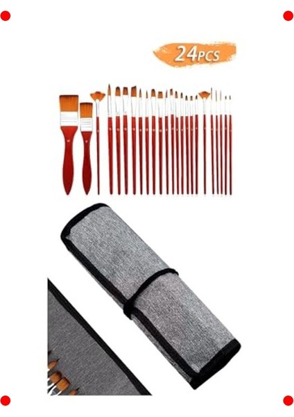 Kırmızı 24 Parçalı Profesyonel Sanat Fırça Seti