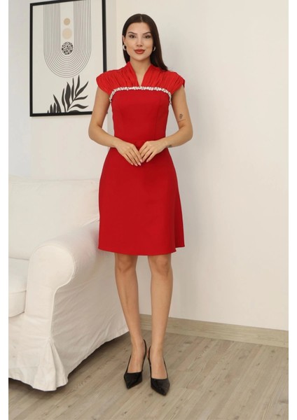 Taş Işleme Detaylı Diz Boyu Abiye Elbise 2360-KIRMIZI fiyatları