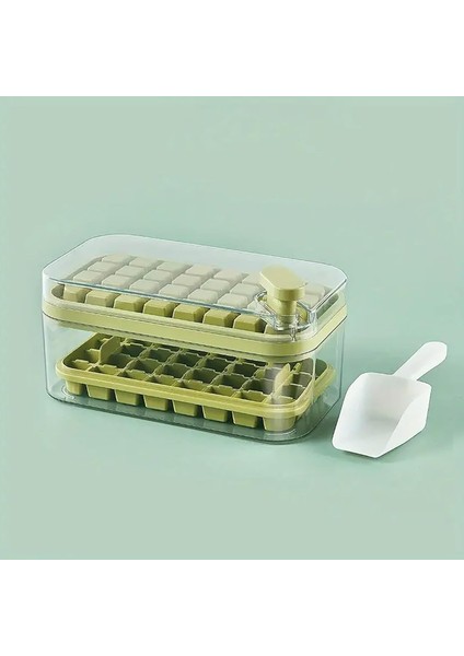 2 Katlı Buz Kalıbı Saklama Kabı Seti, Kürekli, 64 Bölmeli (Yeşil)