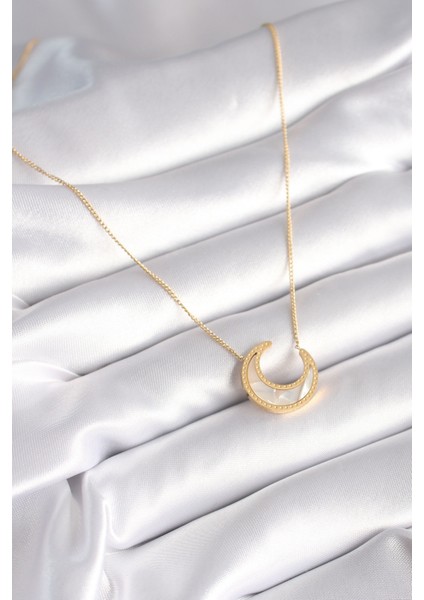 316L Çelik Gold Renk Beyaz Sedefli Hilal Model Kadın Kolye fiyatları