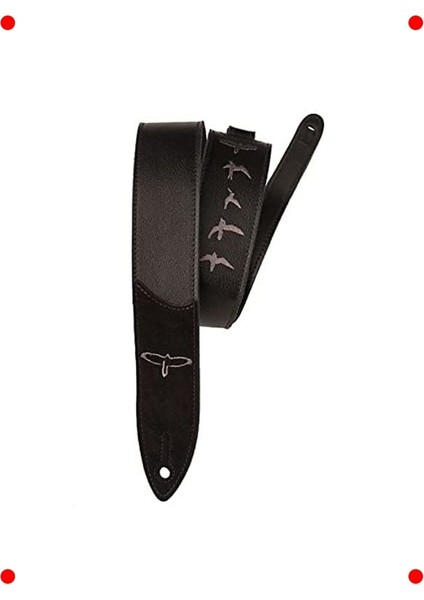 Işlemeli Kuş Motifli Premium Siyah Deri Gitar Askısı
