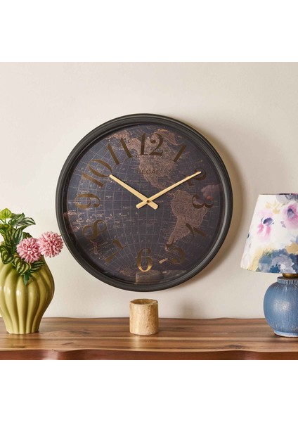 Dünya Haritalı Eskitme Metal Duvar Saati - Kahverengi - 51 cm