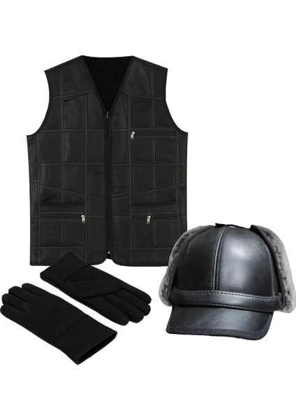 Premıum Deri Set – Yelek, Eldiven, Deri Pilot Şapka