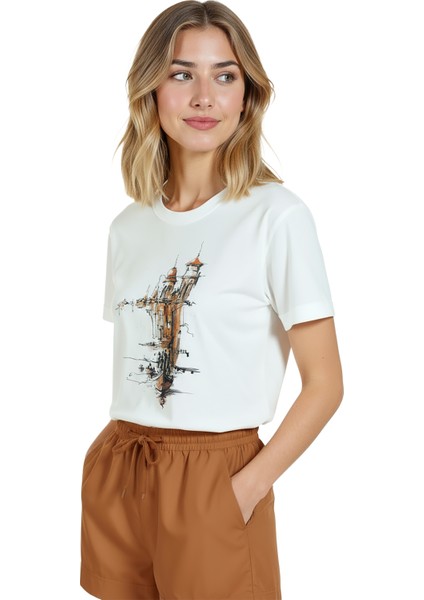 Kadın Beyaz Relaxed Fit %100 Pamuk Tişört – Venedik Gondol ve Kuleler Baskılı fiyatları