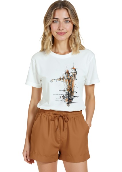 Kadın Beyaz Relaxed Fit %100 Pamuk Tişört – Venedik Gondol ve Kuleler Baskılı indirimleri