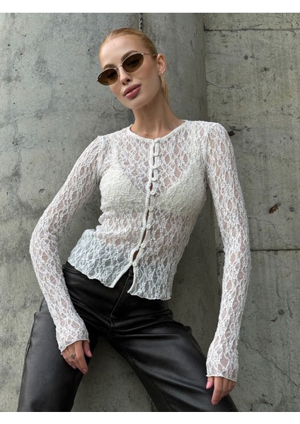 Kadın Bisiklet Yaka Önden Düğmeli Full Esnek Dantel Bürümcük Spor Şık Tasarım Gece Bluzu modelleri
