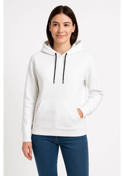Kadın Üç Iplik Kapüşonlu Kanguru Çepli Sweatshirt Hoodie - Beyaz