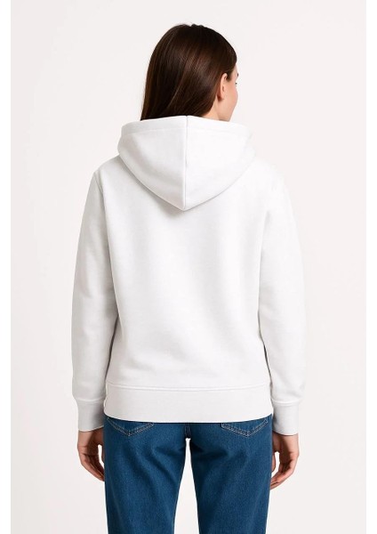 Kadın Üç Iplik Kapüşonlu Kanguru Çepli Sweatshirt Hoodie - Beyaz fiyatları