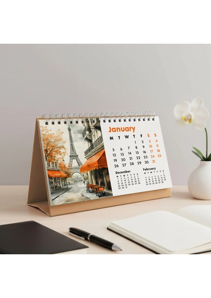 2026 Paris Masa Takvimi - Önceki ve Sonraki Ay Görünümlü Vintage Paris Illüstrasyonlu Takvim | Eyfel Kulesi, Louvre, Seine River, Montmartre Temalı