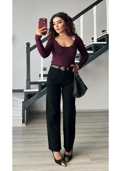 Siyah Kemerli Kesik Paça Premium Jean