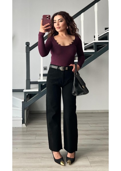 Siyah Kemerli Kesik Paça Premium Jean