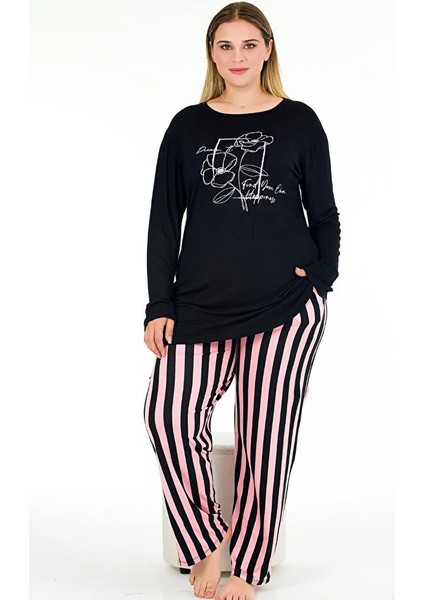 Lady Çizgili Yumuşacık Pijama ve Uzun Kollu Siyah Üst Büyük Beden Viskon Kumaş Pijama Takımı