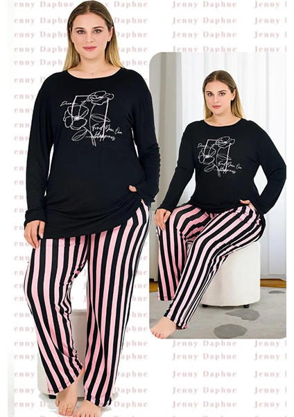 Lady Çizgili Yumuşacık Pijama ve Uzun Kollu Siyah Üst Büyük Beden Viskon Kumaş Pijama Takımı fiyatları