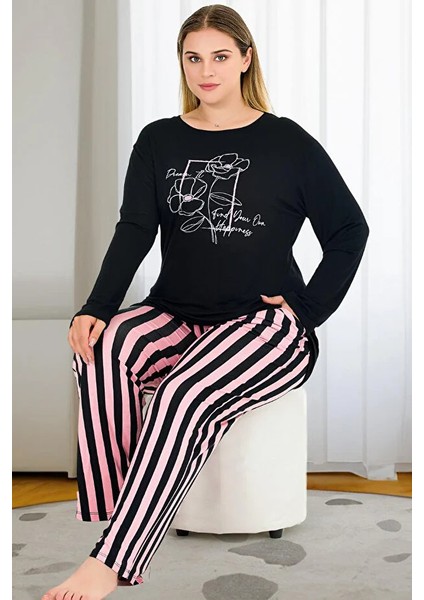 Lady Çizgili Yumuşacık Pijama ve Uzun Kollu Siyah Üst Büyük Beden Viskon Kumaş Pijama Takımı modelleri