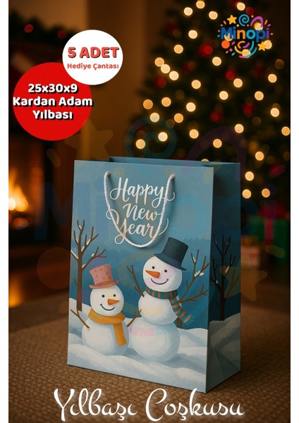 ( 5 Adet ) Kardan Adam Desenli Hediye Çantası Mavi Yılbaşı Hediye Poşeti 25X30X9 Christmas