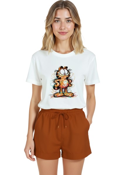 Kadın Beyaz Relaxed Fit %100 Pamuk Tişört – Çizgisel Karalama Kedi Illüstrasyonlu