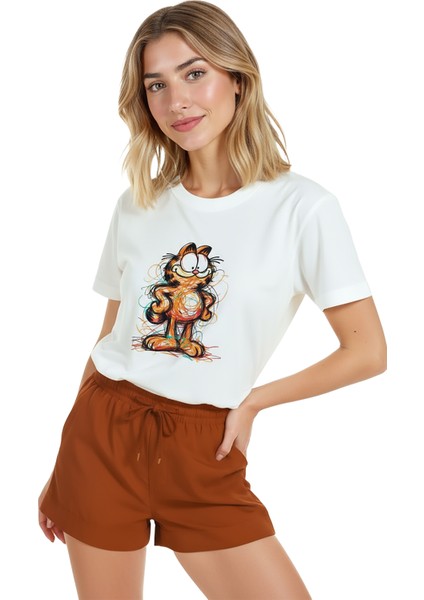 Kadın Beyaz Relaxed Fit %100 Pamuk Tişört – Çizgisel Karalama Kedi Illüstrasyonlu modelleri