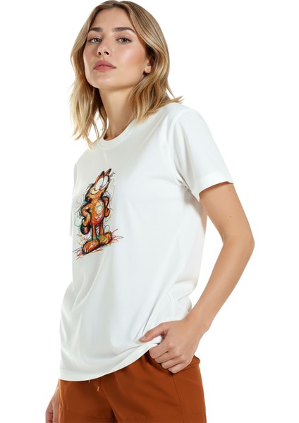 Kadın Beyaz Relaxed Fit %100 Pamuk Tişört – Çizgisel Karalama Kedi Illüstrasyonlu fırsatları