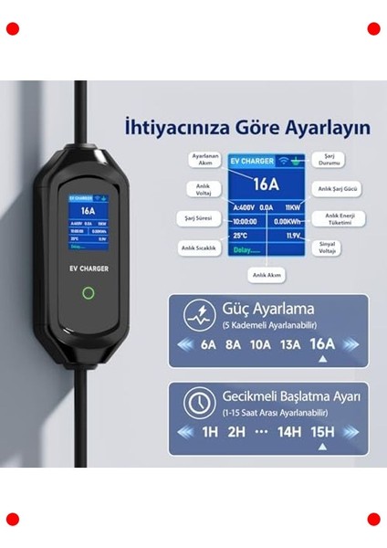 Ev Şarj Kablosu 11KW Tip 2, 5m, Ayarlanabilir Akım fiyatları