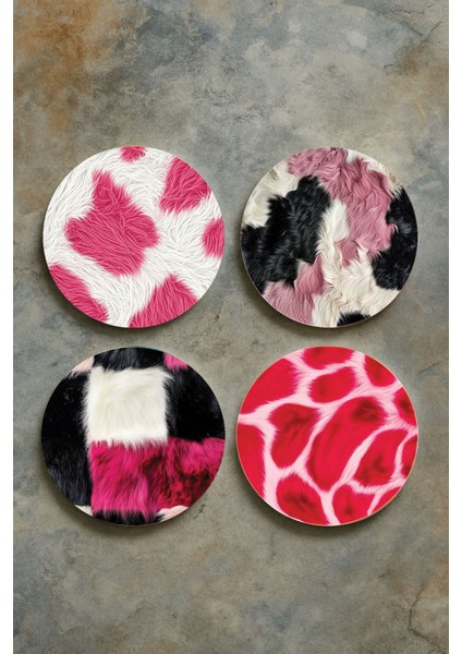 Ev Dekor Oval Pleksi Bardak Altlığı Temalı Desenli 4'lü Set Kürk