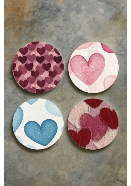 Ev Dekor Oval Pleksi Bardak Altlığı Temalı Desenli 4'lü Set Mat Kalpler