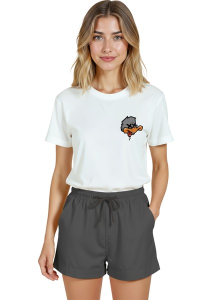 Kadın Beyaz Relaxed Fit %100 Pamuk Tişört – Grafiti Ördek Kafa Baskılı