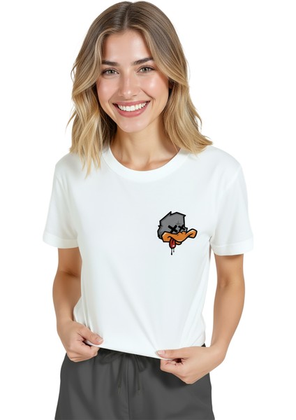 Kadın Beyaz Relaxed Fit %100 Pamuk Tişört – Grafiti Ördek Kafa Baskılı modelleri