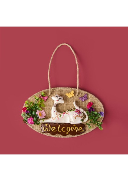 Dekoratif Welcome Cat Kapı Süsü - Renkli - 26X16 cm