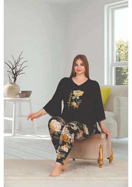Lady Lingerie Sarı Çiçek Desenli Büyük Beden Uzun Kollu Pijama Takımı fiyatları