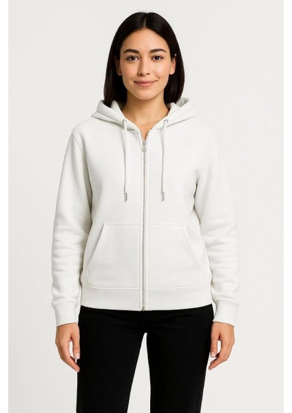 Kadın Üç Iplik Kapüşonlu Tam Fermuarlı Kanguru Çepli Sweatshirt Hoodie - Beyaz indirimleri