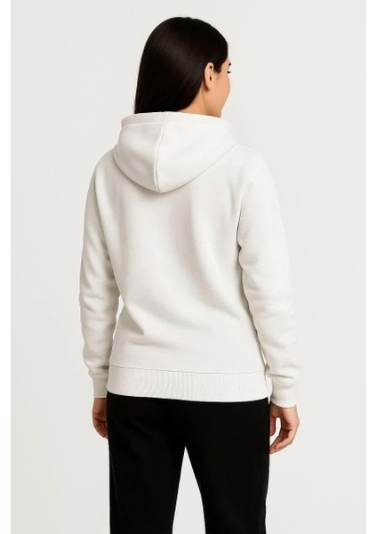 Kadın Üç Iplik Kapüşonlu Tam Fermuarlı Kanguru Çepli Sweatshirt Hoodie - Beyaz