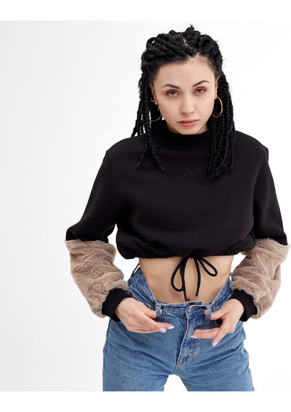 Logo Nakışlı Yüksek Yaka Rabbit Tüylü Kol Detaylı Crop Sweatshirt fiyatları
