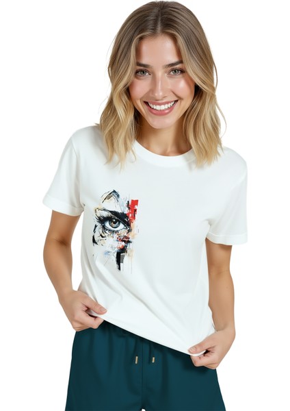 Kadın Beyaz Relaxed Fit %100 Pamuk Tişört – Soyut Göz & Karalama Baskılı modelleri