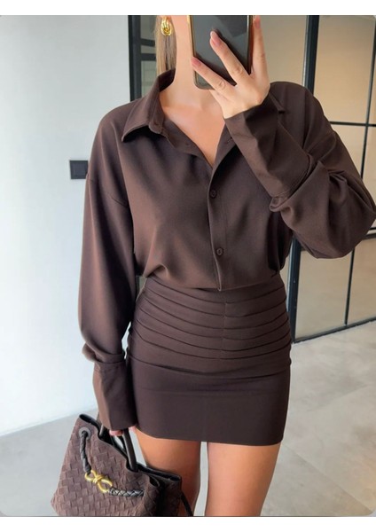 Manşet Kol Oversize Kesim Tok Kumaş Çizgili Gömlek Büzgü Drape Detay Mini Etek Tasarım Pinterest Trend Takım modelleri