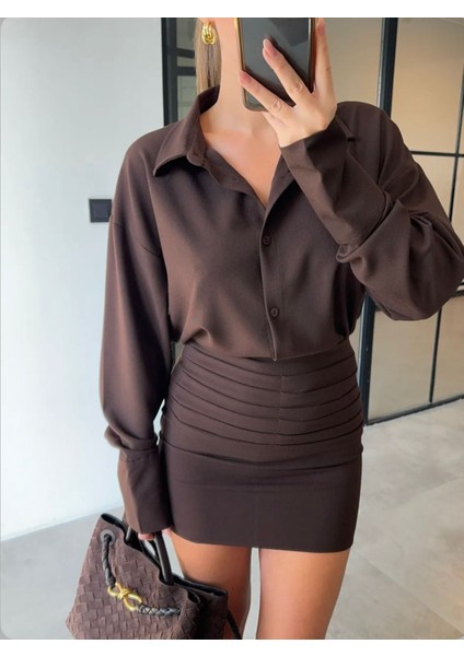 Manşet Kol Oversize Kesim Tok Kumaş Çizgili Gömlek Büzgü Drape Detay Mini Etek Tasarım Pinterest Trend Takım indirimleri