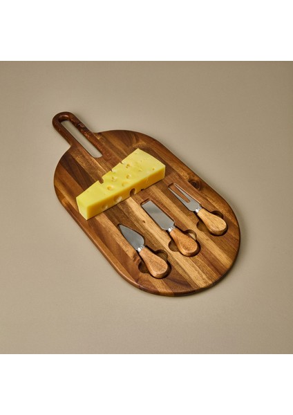 Akasya Bıçaklı Oval Peynir Sunum Tahtası - Kahverengi - 48X22 cm