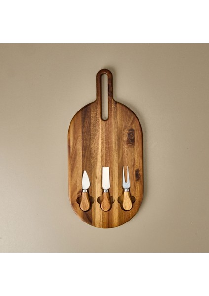 Akasya Bıçaklı Oval Peynir Sunum Tahtası - Kahverengi - 48X22 cm fiyatları