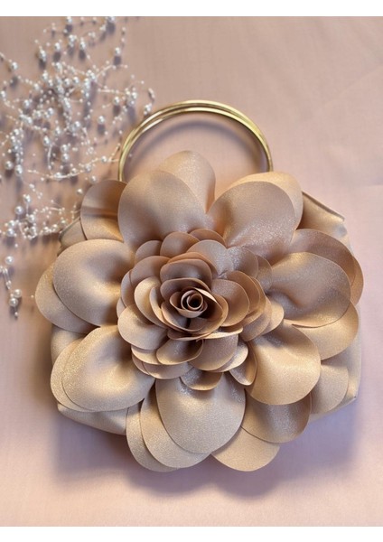 Bej Kumaş Gold Metal Saplı Gül Çiçek Çanta El Omuz Çantası Abiye Günlük Şık Kadın Çantası fiyatları