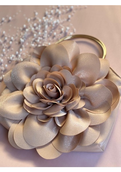 Bej Kumaş Gold Metal Saplı Gül Çiçek Çanta El Omuz Çantası Abiye Günlük Şık Kadın Çantası modelleri