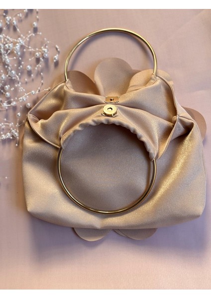 Bej Kumaş Gold Metal Saplı Gül Çiçek Çanta El Omuz Çantası Abiye Günlük Şık Kadın Çantası fırsatları