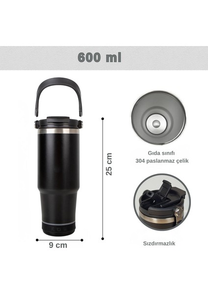 Bluetooth Hoparlörlü Paslanmaz Çelik Termos Bardak 600 ml -Pipetli ,çift Kullanımlı Kapak