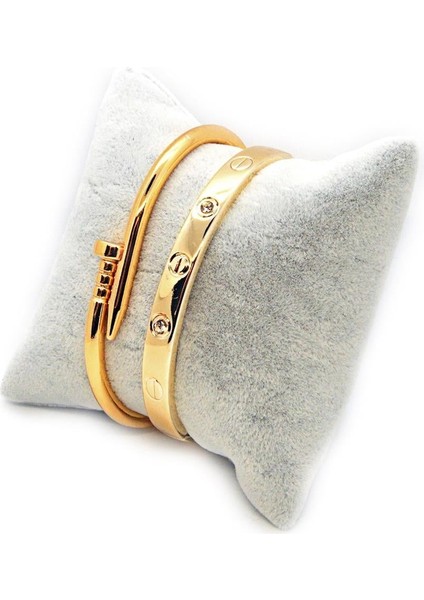 Altın Renk Çivi ve Taşlı Cartier Bileklik Set