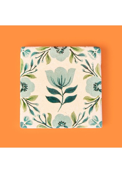 Kitchen Mavi Çiçekli Taş Bardak Altlığı - Renkli - 10X10 cm